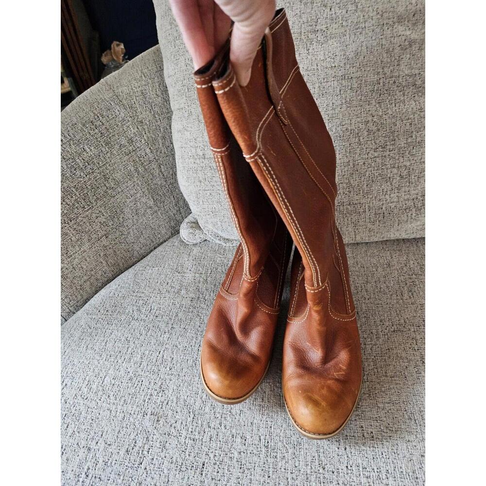 Timberland Women's 11Cognac Tan Leather Boots Tall Heeled Round Toe Rudston Worn